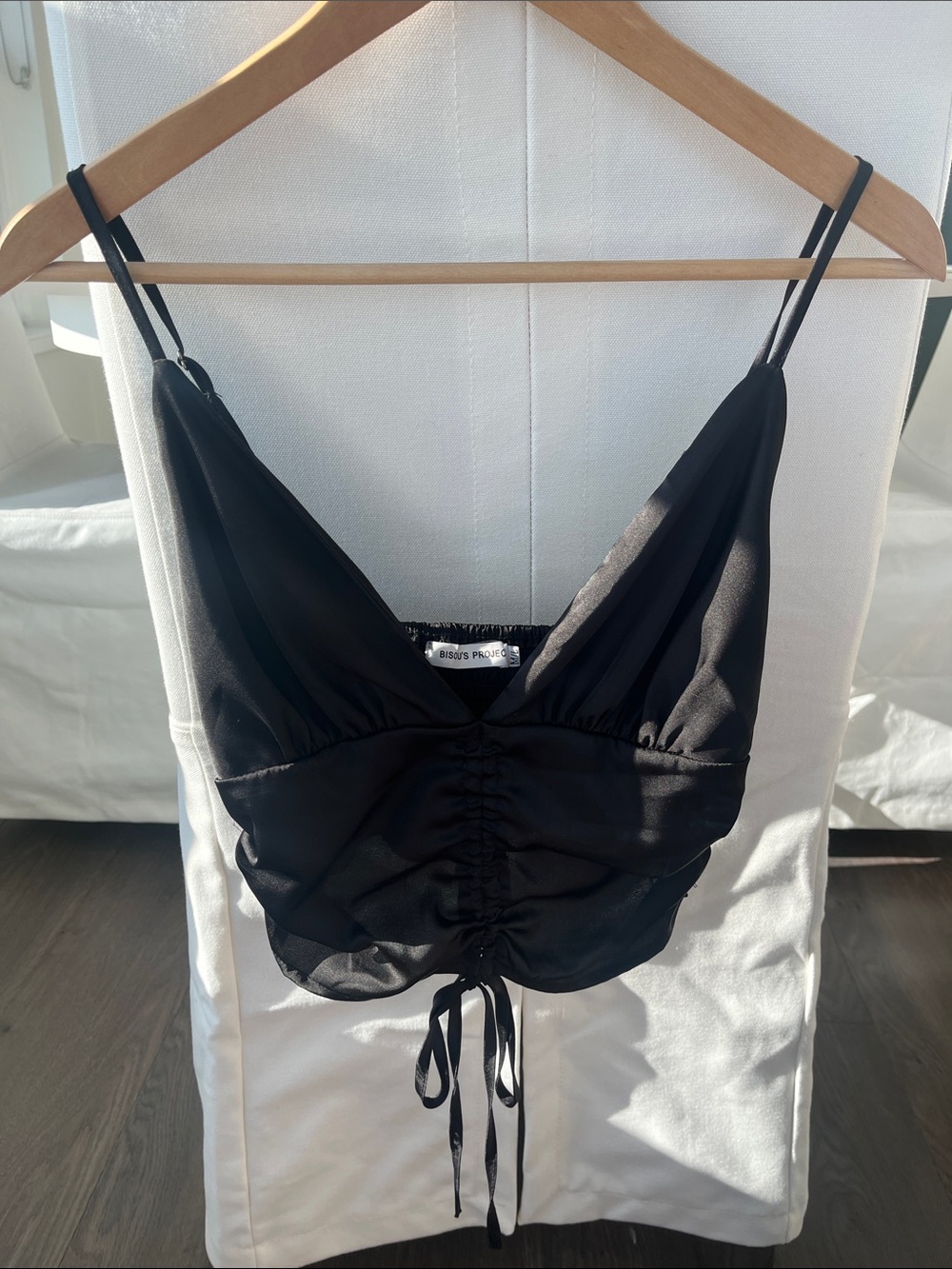 Satin Ruched Drawstring Cami Top - Black